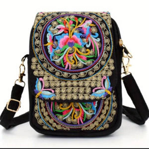 Women's‎ Embroidered Crossbody Bag, Small Canvas Shoulder Bag, Zipper Phone Bag